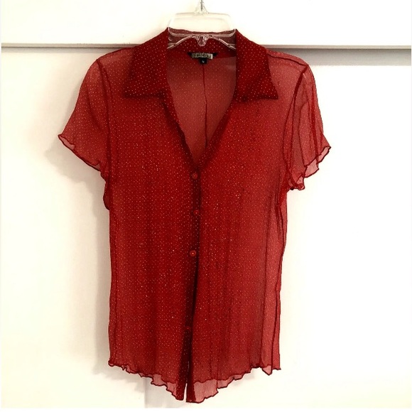 ROZAE NICHOLS VIBRANT RED SILK CHIFFON BLOUSE + SWAROVSKI CRYSTALS POLKA DOT FM - Picture 2 of 11